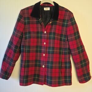 Talbots Red Tartan Plaid Wool Blazer Jacket Black Velvet Collar Womens Size XL